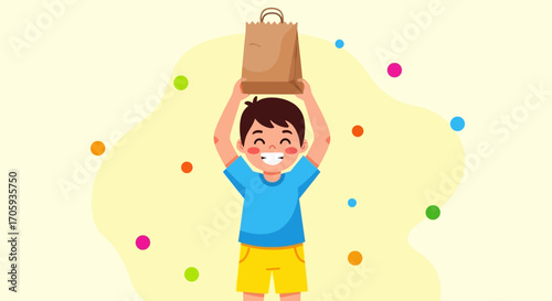 Joyful Child Holding a Brown Paper Bag Above Head in Delightful Illustration