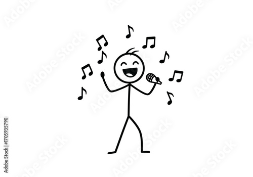 Stick figure singing into a microphone surrounded by musical notes