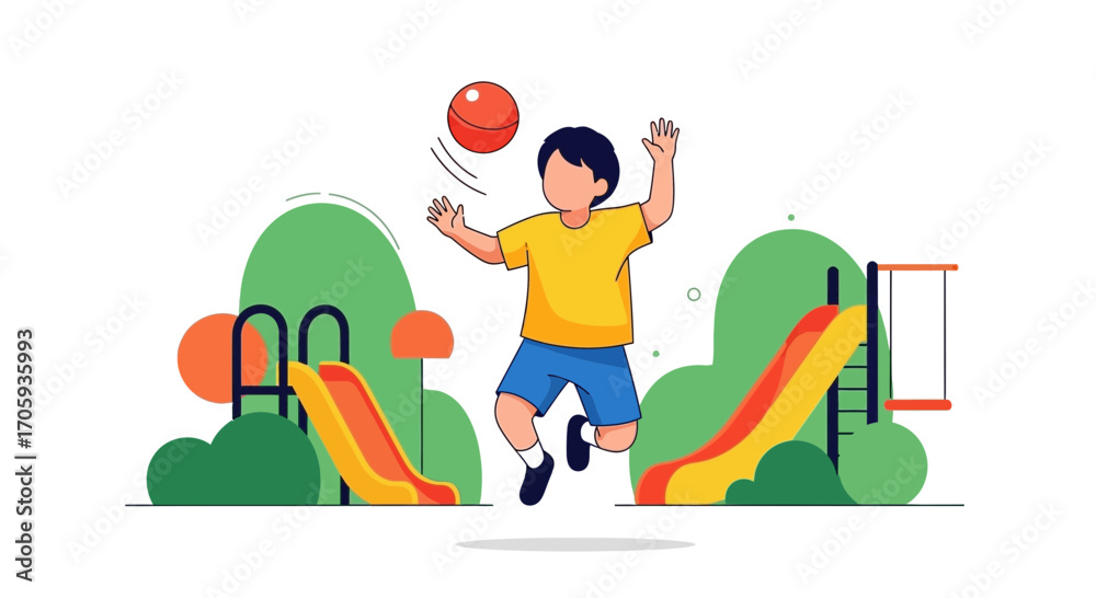 Fototapeta premium Joyful Child Playing Basketball at a Park Playground with Slides and Swings Illustration