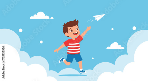 Joyful Child Launching Paper Airplane in a Dreamy Sky with Fluffy Clouds