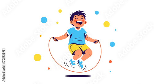 Joyful Child Leaping While Playing With Skipping Rope Against White Background