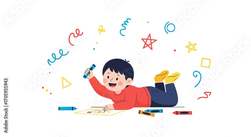 Joyful Child Painting With Crayons, Creativity and Playful Moments Illustrated With Colors