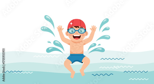 Joyful Child Jumping in the Pool, Creating Water Splashes With a Happy Expression
