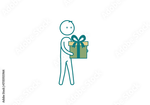 Stylized figure holds a gift box with a bow