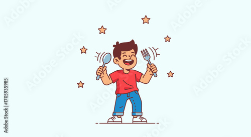 Joyful Child Playfully Holding Utensils, Celebrating Mealtime With Sparkling Starry Accents