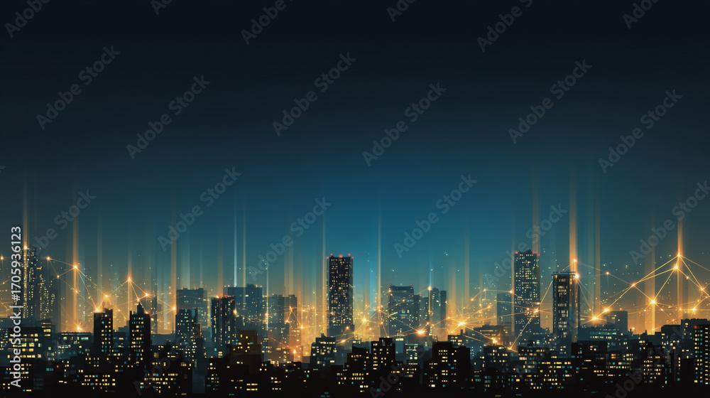 Fototapeta premium Twilight in the Smart digital Innovation city with connection network reciprocity over the cityscape. of future smart wireless digital city and social media networking systems that connects people