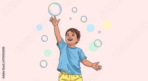 Joyful Child Plays With Bubbles and Reaches, Celebrating Happiness With Delightful Bubbles