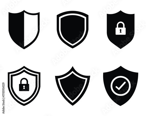 Collation of shield icon set in vintage style. Security silhouettes shield protection icon. Security and privacy symbol isolated on transparent. Vector illustration.