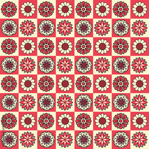 The design features various types of flowers scattered across the surface, using red, cream, and black tones. The floral motifs are placed on a checkered grid alternating between red and cream squares