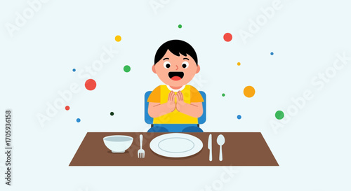 Joyful Child Preparing For Mealtime With Anticipation and Colorful Celebratory Elements