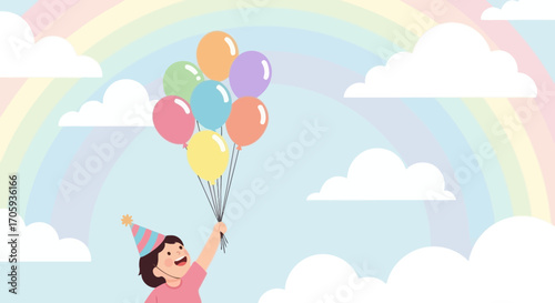 Joyful Child Raising Balloons Under A Gentle Rainbow In Celebration Of Fun