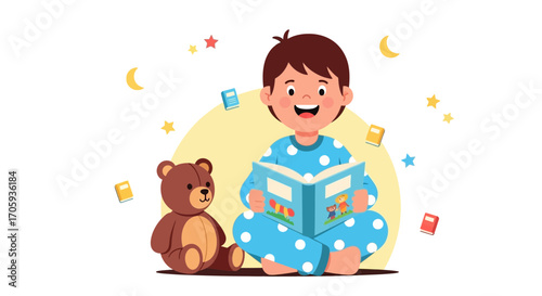 Joyful Child Reads Book, Snuggles With Teddy Bear Before Bedtime, Charming Illustration