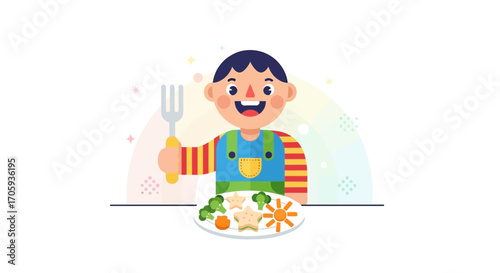 Joyful Child Ready To Eat Nutritious Food On A Plate, A Healthy Meal Presentation