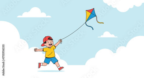 Joyful Child Running With Kite Under a Cloudy Sky in Colorful Illustration