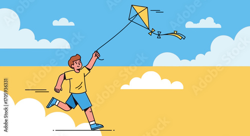 Joyful Child Running, Playing With Kite, Sky Background, Happy Summer Day Recreation