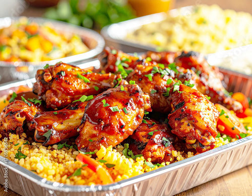 Barbecue chicken wings, with other picnic foods in the background. AI