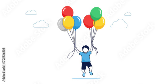 Joyful Child Soars With Balloons, Symbolizing Freedom And Happy Escapades