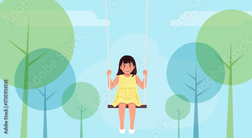 Joyful Child Swinging on a Playground Amidst a Vibrant Backdrop of Lush Trees