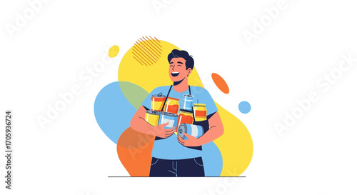 Happy Man Holding Food Items, Donating Supplies in Order to Help, Cartoon Illustration