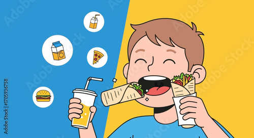 Happy Person Savors Tasty Takeaway Foods And Beverages On Two-Tone Background