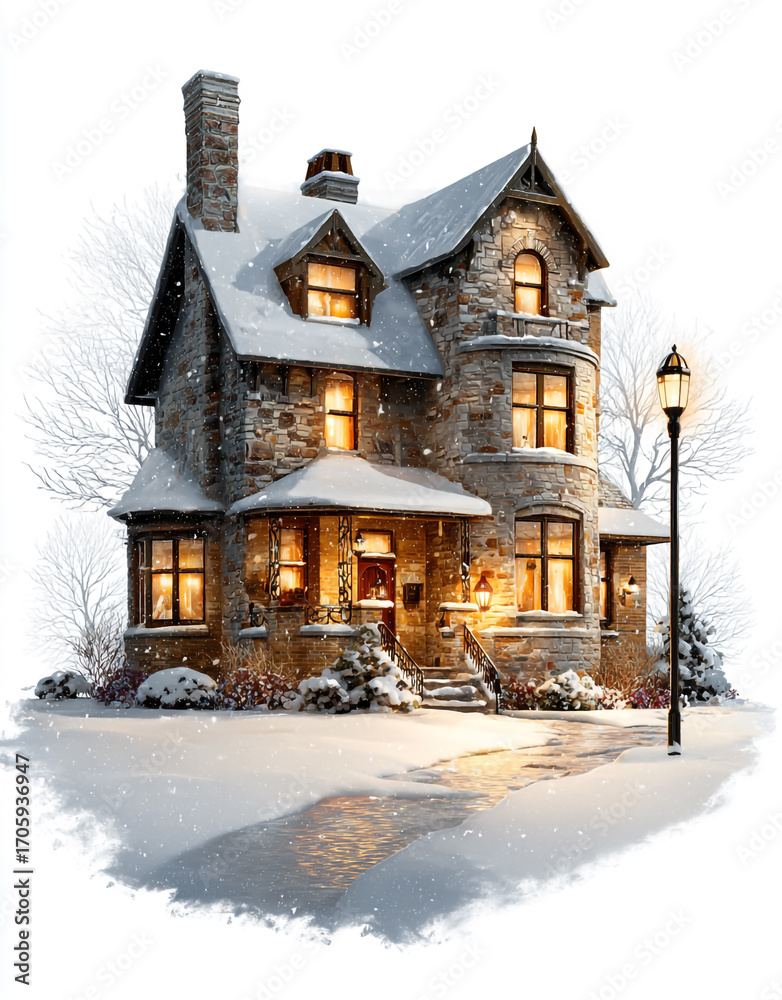 Naklejka premium Cozy stone cottage with warm lights and snow on a winter evening