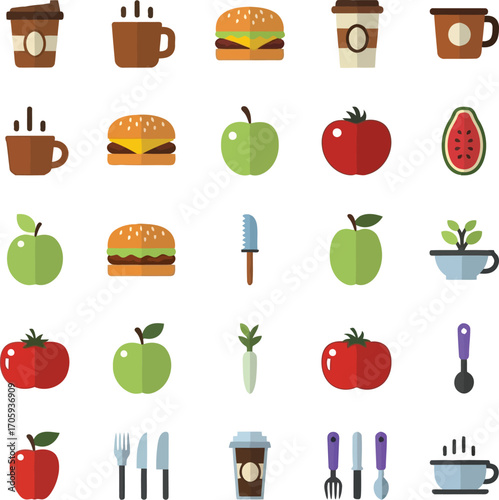 Assortment of Food and Drink Icons Including Burgers Apples Tomatoes and Coffee Cups hamburger