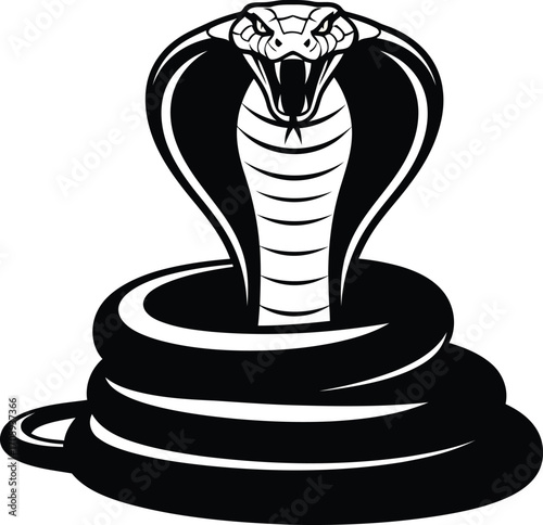 Black silhouette of a cobra snake with hood flared and fangs exposed on a white background serpent reptile