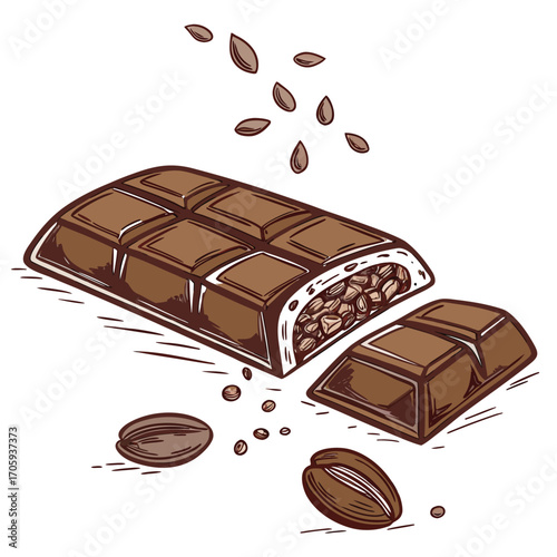Chocolate bar with nuts and scattered beans on white background broken piece