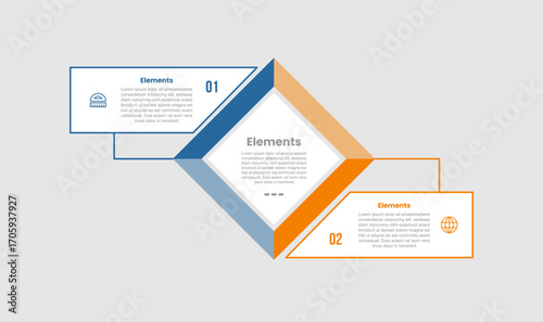 2 elements infographic comparison diagram with rhombus based shape center with up and down comparison with 2 step for slide presentation
