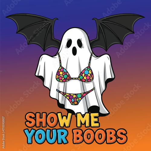 Cartoon ghost with bat wings wearing a colorful bikini and text halloween