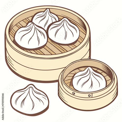 Delicious Dim Sum Dumplings in Bamboo Steamer Baskets and Scattered food asian food