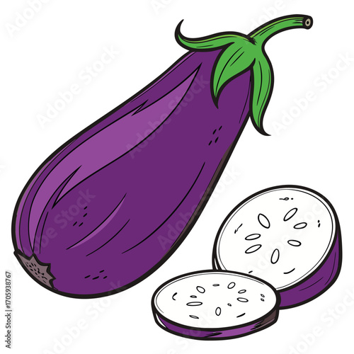 Eggplant with sliced pieces and green stem on white background aubergine vegetable