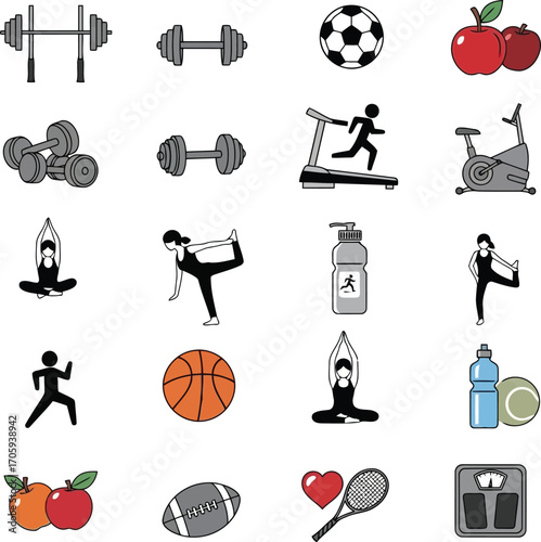Collection of fitness and sports icons including weights, balls, yoga poses, and water bottles health