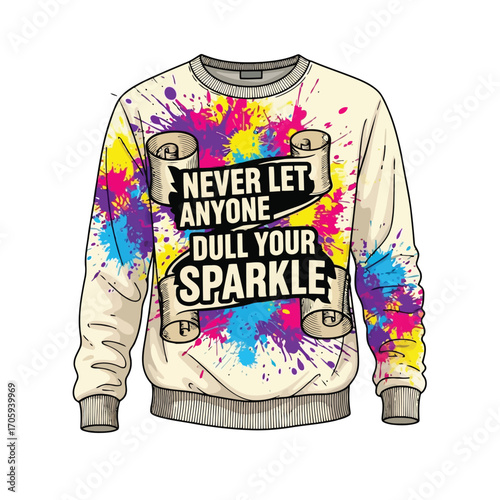 Cream colored sweatshirt with colorful paint splatters and a banner with inspirational text sweater clothing