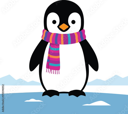 Cute cartoon penguin wearing a colorful striped scarf standing on ice with snowy mountains in background