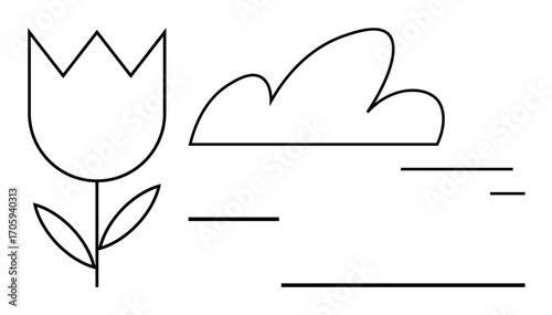 Tulip with sharp petals, large cloud, and minimalist horizontal lines. Ideal for nature, spring, eco-design, simplicity, botanical design, modern art simple landing page