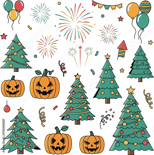 Festive collection of Christmas trees pumpkins fireworks and balloons for holiday celebrations jack-o-lantern