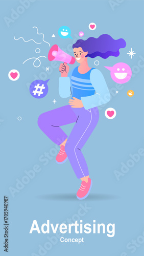 Advertising concept. A female marketer or influencer uses a megaphone to broadcast a message. Social media icons like hashtags and likes fly around. Vertical vector for digital PR or promotion.