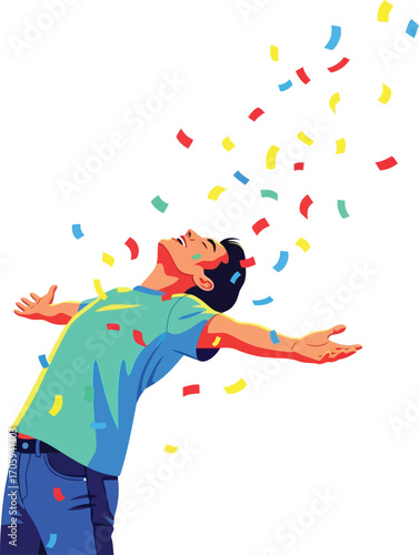 Joyful man with arms outstretched celebrating with colorful confetti falling around him celebration happiness