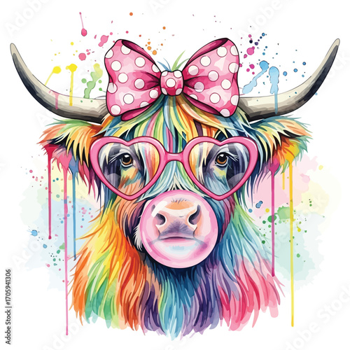 Highland cow wearing pink heart sunglasses and a polka dot bow blowing bubblegum animal portrait