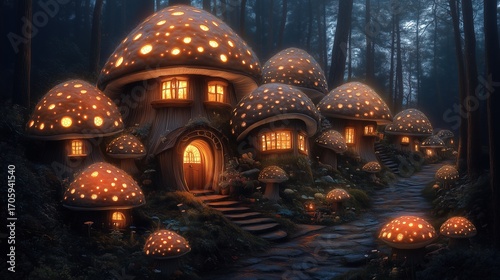 Enchanting Mushroom Houses in Dark Forest with Glowing Lights