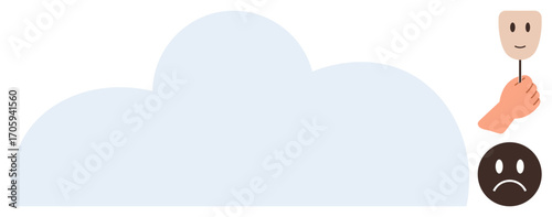 Cloud backdrop with a hand holding a happy face mask hiding a sad face below. Ideal for emotions, mental health, duality, deception, identity, expression, minimalism. A simple flat metaphor