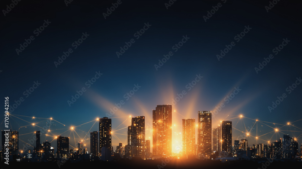 Obraz premium Twilight in the Smart digital Innovation city with connection network reciprocity over the cityscape. of future smart wireless digital city and social media networking systems that connects people