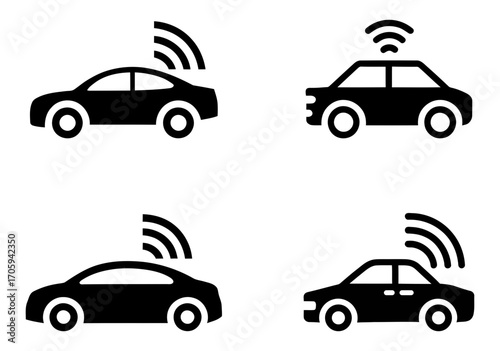 silhouettes of cars with wireless signal icons. set of car icons