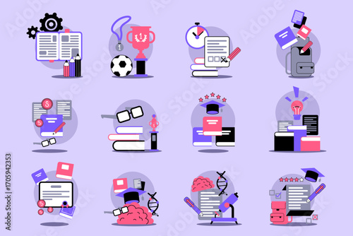 Set of various educational icons including books, sports, awards, and learning tools, illustrating themes of knowledge, achievement, and academic engagement