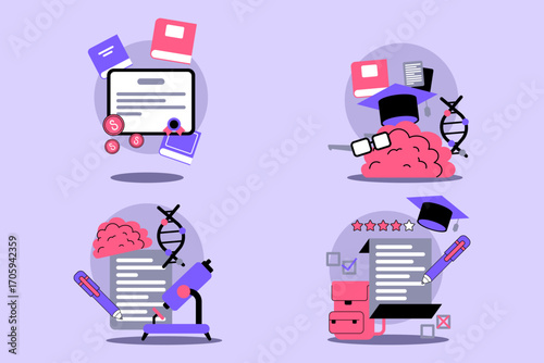 Vibrant set of educational elements, including books, scientific tools, and study materials. Importance of learning and knowledge acquisition concept