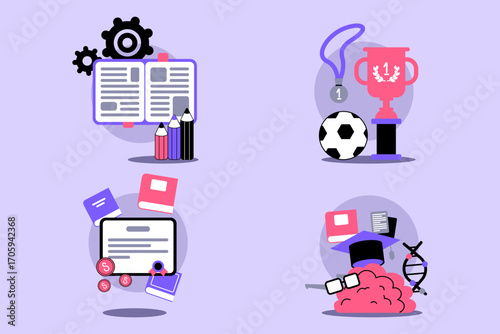 Collection of essential elements for education, including books, sports awards, financial documents, and graduation items, representing various aspects of learning and achievement