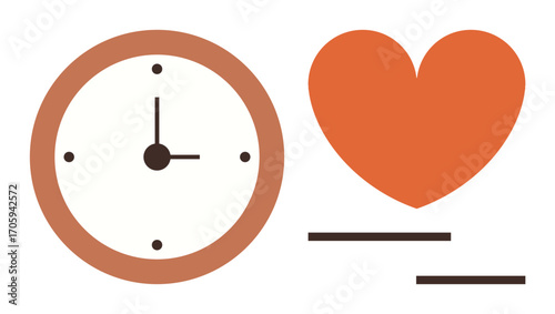 Clock beside heart symbol suggesting punctuality, self-care, or work-life balance. Ideal for health, timekeeping, mindfulness, productivity, compassion wellness life balance. Simple flat metaphor