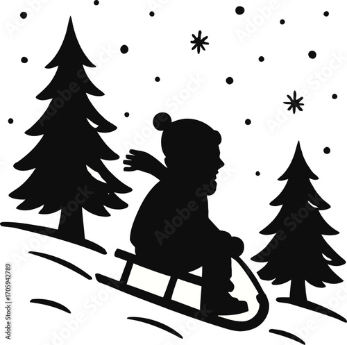Silhouette of a Child Sledding Down a Snowy Hill Among Pine Trees winter