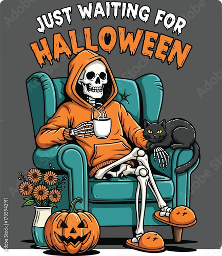 Skeleton in an orange hoodie sitting in a chair with a cat and Halloween decorations black cat pumpkin
